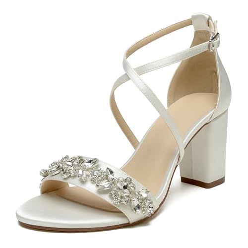 OAUSZC Damen Offene Zehen Brautschuhe Blockabsatz Knöchelriemen Satin Abend Hochzeitsschuhe,Elfenbein,38 EU von OAUSZC