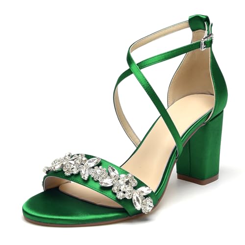 OAUSZC Damen Offene Zehen Brautschuhe Blockabsatz Knöchelriemen Satin Abend Hochzeitsschuhe,Grün,36 EU von OAUSZC