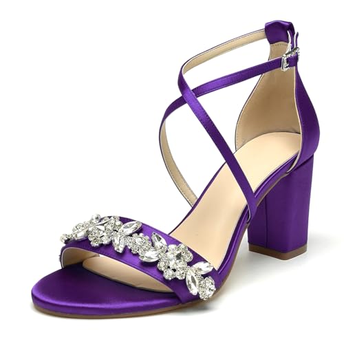 OAUSZC Damen Offene Zehen Brautschuhe Blockabsatz Knöchelriemen Satin Abend Hochzeitsschuhe,Lila,41 EU von OAUSZC
