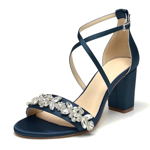 OAUSZC Damen Offene Zehen Brautschuhe Blockabsatz Knöchelriemen Satin Abend Hochzeitsschuhe,Marine,37 EU von OAUSZC