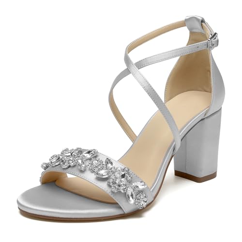 OAUSZC Damen Offene Zehen Brautschuhe Blockabsatz Knöchelriemen Satin Abend Hochzeitsschuhe,Silber,40 EU von OAUSZC
