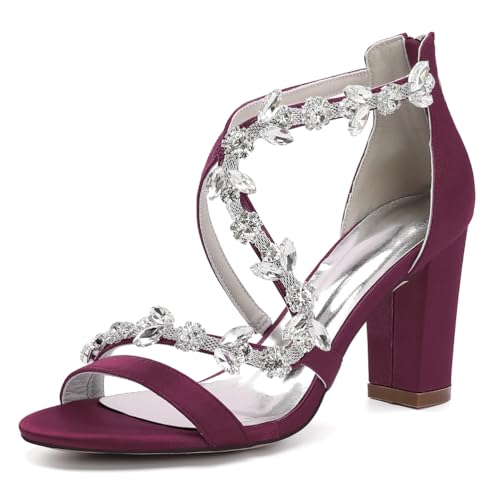 OAUSZC Damen Offene Zehen Hochzeitsschuhe Blockabsatz Strass Satin Riemchensandalen Brautschuhe Party Abendschuhe 2022–48G,Burgundy,41 EU von OAUSZC