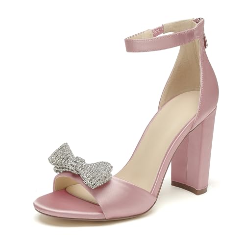 OAUSZC Damen Peep Toe Satin Hochzeitssandalen Blockabsatz Schleifen Strass Brautschuhe mit Reißverschluss,Blush,43 EU von OAUSZC
