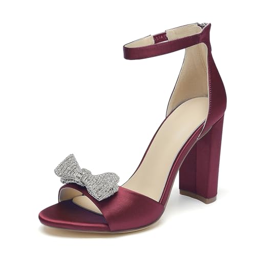 OAUSZC Damen Peep Toe Satin Hochzeitssandalen Blockabsatz Schleifen Strass Brautschuhe mit Reißverschluss,Burgundy,43 EU von OAUSZC