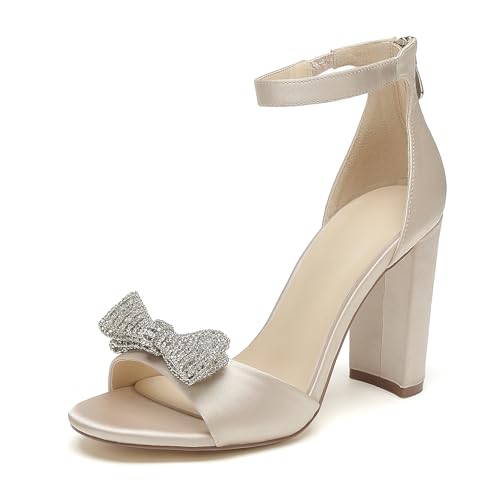 OAUSZC Damen Peep Toe Satin Hochzeitssandalen Blockabsatz Schleifen Strass Brautschuhe mit Reißverschluss,Champagne,35 EU von OAUSZC