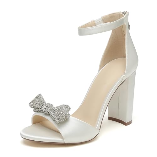 OAUSZC Damen Peep Toe Satin Hochzeitssandalen Blockabsatz Schleifen Strass Brautschuhe mit Reißverschluss,Elfenbein,38 EU von OAUSZC