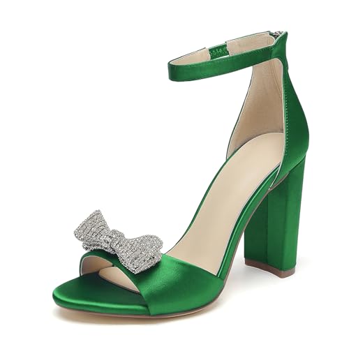 OAUSZC Damen Peep Toe Satin Hochzeitssandalen Blockabsatz Schleifen Strass Brautschuhe mit Reißverschluss,Grün,43 EU von OAUSZC