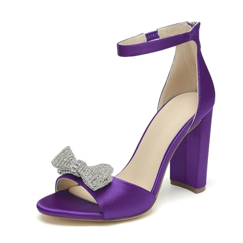 OAUSZC Damen Peep Toe Satin Hochzeitssandalen Blockabsatz Schleifen Strass Brautschuhe mit Reißverschluss,Lila,40 EU von OAUSZC