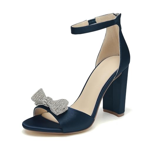 OAUSZC Damen Peep Toe Satin Hochzeitssandalen Blockabsatz Schleifen Strass Brautschuhe mit Reißverschluss,Marine,41 EU von OAUSZC