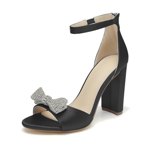 OAUSZC Damen Peep Toe Satin Hochzeitssandalen Blockabsatz Schleifen Strass Brautschuhe mit Reißverschluss,Schwarz,40 EU von OAUSZC