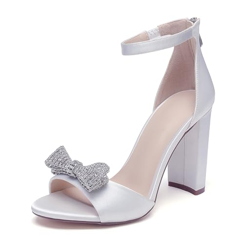 OAUSZC Damen Peep Toe Satin Hochzeitssandalen Blockabsatz Schleifen Strass Brautschuhe mit Reißverschluss,Weiß,41 EU von OAUSZC