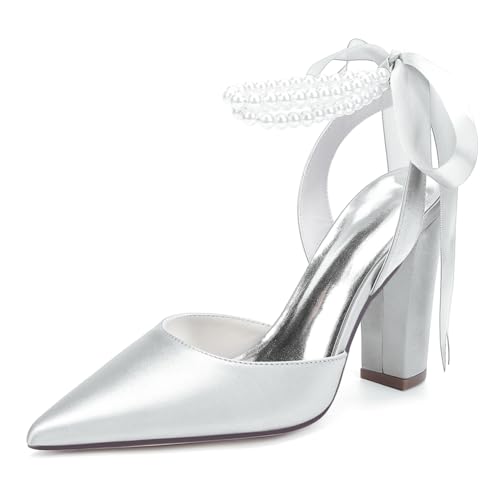 OAUSZC Damen Perlen Riemen Hochzeitsschuhe Blockabsatz Pumps Spitze Zehen Satin Brautschuhe ZK1275-02S CG,Silber,37 EU von OAUSZC