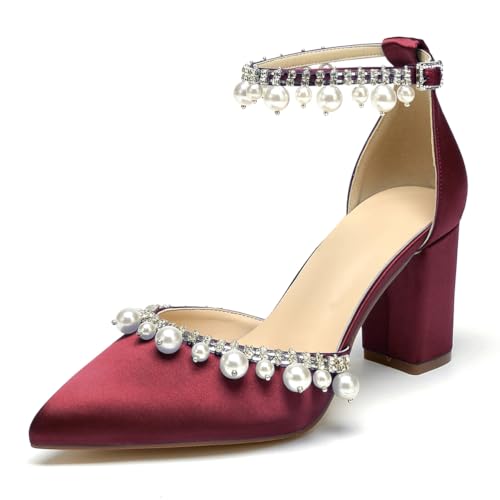 OAUSZC Damen Riemchen Hochzeit Pumps Blockabsatz Mit Perlen Satin Spitze Zehen Brautschuhe Brautjungfernschuhe,Burgundy,41 EU OAUSZC Damen Riemchen Hochzeit Pumps Blockabsatz Mit Perlen Satin Spitze Zehen Brautschuhe Brautjungfernschuhe,Burgundy,41 EU von OAUSZC