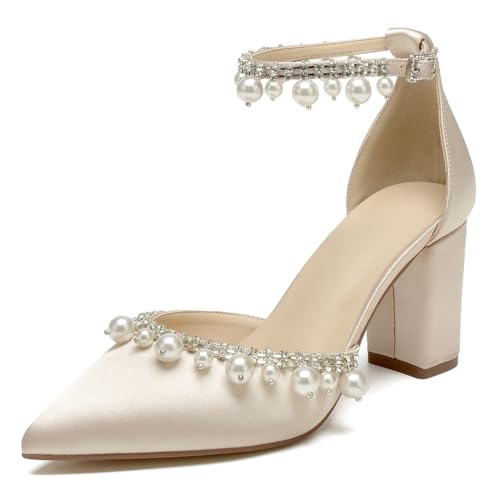 OAUSZC Damen Riemchen Hochzeit Pumps Blockabsatz Mit Perlen Satin Spitze Zehen Brautschuhe Brautjungfernschuhe,Champagne,36 EU von OAUSZC