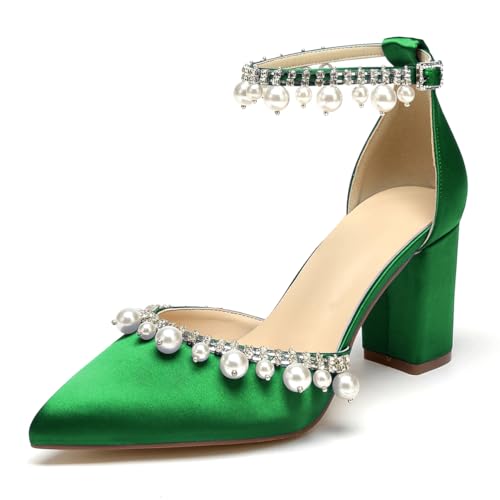 OAUSZC Damen Riemchen Hochzeit Pumps Blockabsatz Mit Perlen Satin Spitze Zehen Brautschuhe Brautjungfernschuhe,Grün,39 EU von OAUSZC