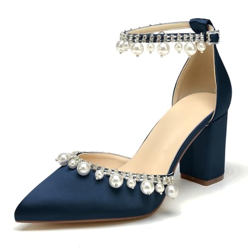 OAUSZC Damen Riemchen Hochzeit Pumps Blockabsatz Mit Perlen Satin Spitze Zehen Brautschuhe Brautjungfernschuhe,Marine,42 EU von OAUSZC