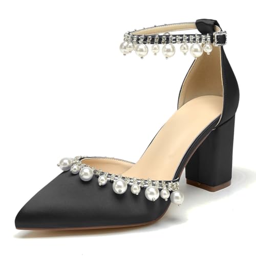 OAUSZC Damen Riemchen Hochzeit Pumps Blockabsatz Mit Perlen Satin Spitze Zehen Brautschuhe Brautjungfernschuhe,Schwarz,36 EU von OAUSZC