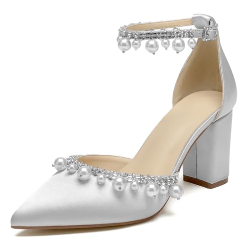 OAUSZC Damen Riemchen Hochzeit Pumps Blockabsatz Mit Perlen Satin Spitze Zehen Brautschuhe Brautjungfernschuhe,Silber,42 EU von OAUSZC