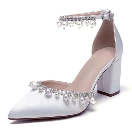 OAUSZC Damen Riemchen Hochzeit Pumps Blockabsatz Mit Perlen Satin Spitze Zehen Brautschuhe Brautjungfernschuhe,Weiß,37 EU von OAUSZC