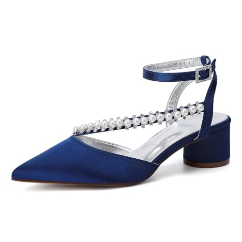 OAUSZC Damen Riemchen Pumps Brautschuhe Blockabsatz 4.5cm Perlen Satin Slingback Spitze Zehen Party Sandalen,Marine,43 EU OAUSZC Damen Riemchen Pumps Brautschuhe Blockabsatz 4.5cm Perlen Satin Slingback Spitze Zehen Party Sandalen,Marine,43 EU von OAUSZC