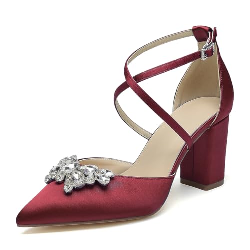 OAUSZC Damen Riemen Pumps Mit Blockabsatz Hochzeitsschuhe Spitzer Zehen Strass Satin Brautschuhe Abendschuhe,Burgundy,38 EU von OAUSZC