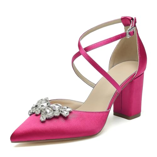 OAUSZC Damen Riemen Pumps Mit Blockabsatz Hochzeitsschuhe Spitzer Zehen Strass Satin Brautschuhe Abendschuhe,Fuchsia,35 EU von OAUSZC