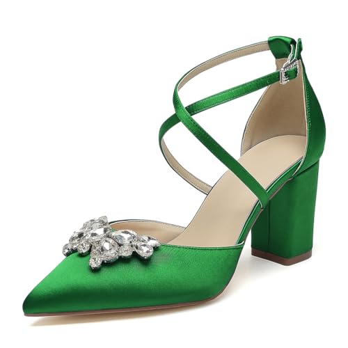 OAUSZC Damen Riemen Pumps Mit Blockabsatz Hochzeitsschuhe Spitzer Zehen Strass Satin Brautschuhe Abendschuhe,Grün,38 EU von OAUSZC