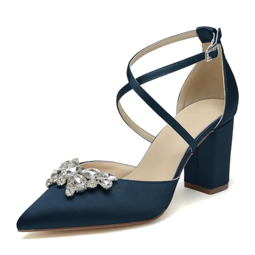 OAUSZC Damen Riemen Pumps Mit Blockabsatz Hochzeitsschuhe Spitzer Zehen Strass Satin Brautschuhe Abendschuhe,Marine,41 EU von OAUSZC