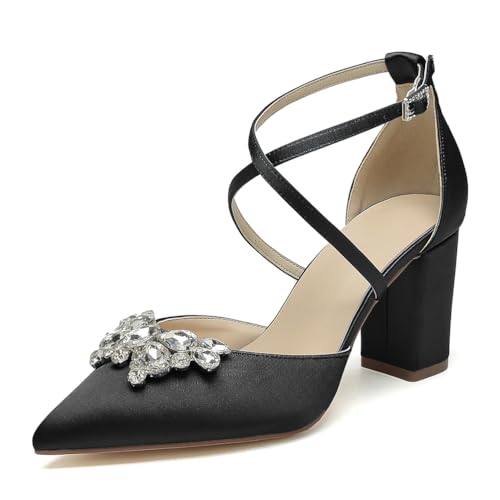 OAUSZC Damen Riemen Pumps Mit Blockabsatz Hochzeitsschuhe Spitzer Zehen Strass Satin Brautschuhe Abendschuhe,Schwarz,41 EU von OAUSZC