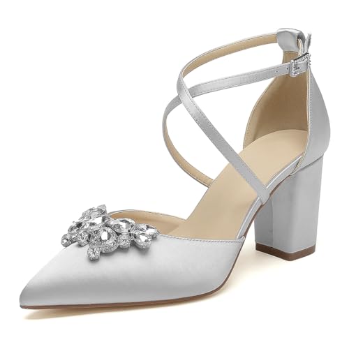 OAUSZC Damen Riemen Pumps Mit Blockabsatz Hochzeitsschuhe Spitzer Zehen Strass Satin Brautschuhe Abendschuhe,Silber,42 EU OAUSZC Damen Riemen Pumps Mit Blockabsatz Hochzeitsschuhe Spitzer Zehen Strass Satin Brautschuhe Abendschuhe,Silber,42 EU von OAUSZC