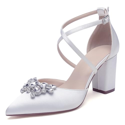 OAUSZC Damen Riemen Pumps Mit Blockabsatz Hochzeitsschuhe Spitzer Zehen Strass Satin Brautschuhe Abendschuhe,Weiß,40 EU von OAUSZC