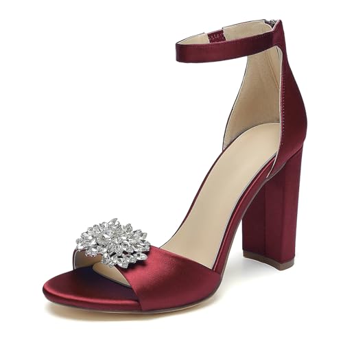 OAUSZC Damen Satin Blockabsatz Brautsandalen Strass Offene Zehen Pumps Knöchelriemen Hochzeit Abendschuhe,Burgundy,39 EU von OAUSZC