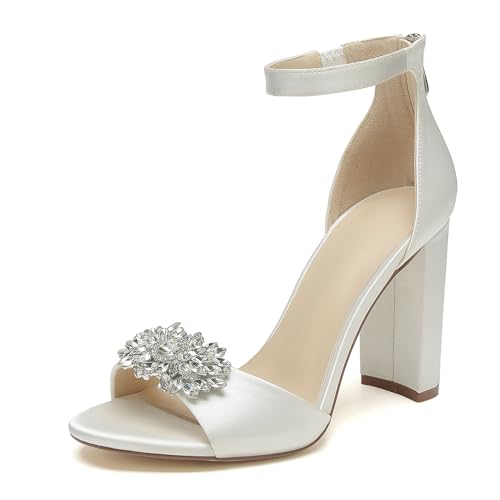 OAUSZC Damen Satin Blockabsatz Brautsandalen Strass Offene Zehen Pumps Knöchelriemen Hochzeit Abendschuhe,Elfenbein,42 EU von OAUSZC