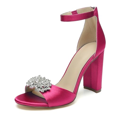OAUSZC Damen Satin Blockabsatz Brautsandalen Strass Offene Zehen Pumps Knöchelriemen Hochzeit Abendschuhe,Fuchsia,36 EU von OAUSZC