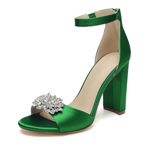 OAUSZC Damen Satin Blockabsatz Brautsandalen Strass Offene Zehen Pumps Knöchelriemen Hochzeit Abendschuhe,Grün,41 EU von OAUSZC