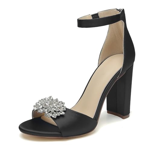 OAUSZC Damen Satin Blockabsatz Brautsandalen Strass Offene Zehen Pumps Knöchelriemen Hochzeit Abendschuhe,Schwarz,42 EU von OAUSZC