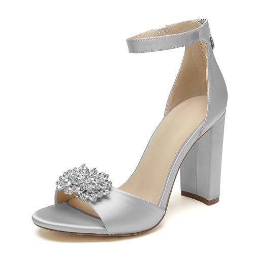 OAUSZC Damen Satin Blockabsatz Brautsandalen Strass Offene Zehen Pumps Knöchelriemen Hochzeit Abendschuhe,Silber,37 EU von OAUSZC