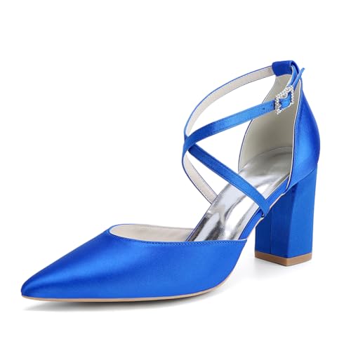 OAUSZC Damen Satin Blockabsatz Brautschuhe Riemchenpumps Spitze Zehen Party Hochzeitsschuhe 272-01X,Blau,42 EU von OAUSZC