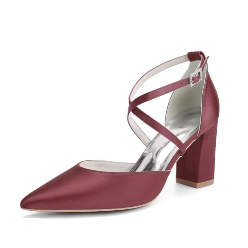 OAUSZC Damen Satin Blockabsatz Brautschuhe Riemchenpumps Spitze Zehen Party Hochzeitsschuhe 272-01X,Burgundy,39 EU von OAUSZC