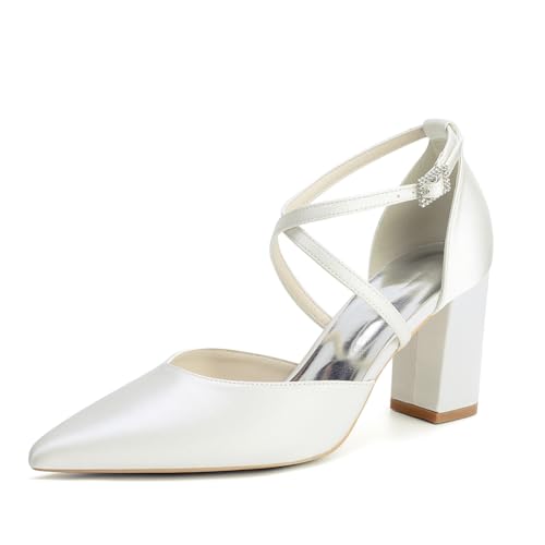 OAUSZC Damen Satin Blockabsatz Brautschuhe Riemchenpumps Spitze Zehen Party Hochzeitsschuhe 272-01X,Elfenbein,41 EU von OAUSZC