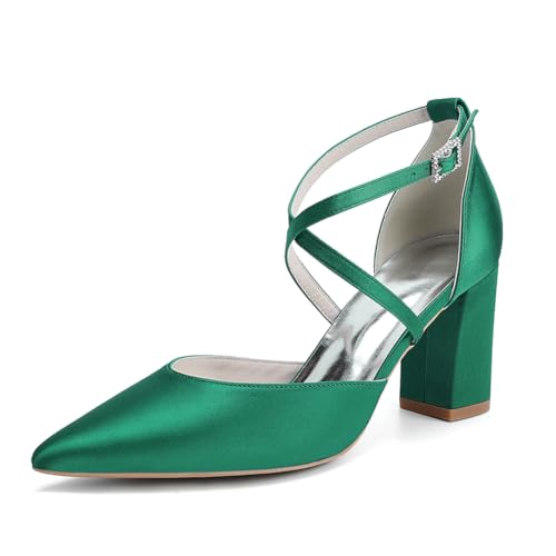 OAUSZC Damen Satin Blockabsatz Brautschuhe Riemchenpumps Spitze Zehen Party Hochzeitsschuhe 272-01X,Grün,43 EU von OAUSZC