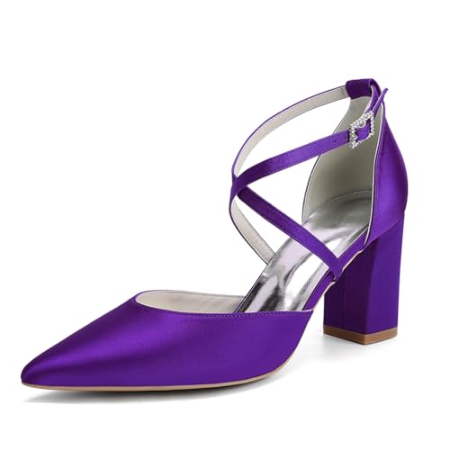 OAUSZC Damen Satin Blockabsatz Brautschuhe Riemchenpumps Spitze Zehen Party Hochzeitsschuhe 272-01X,Lila,39 EU von OAUSZC