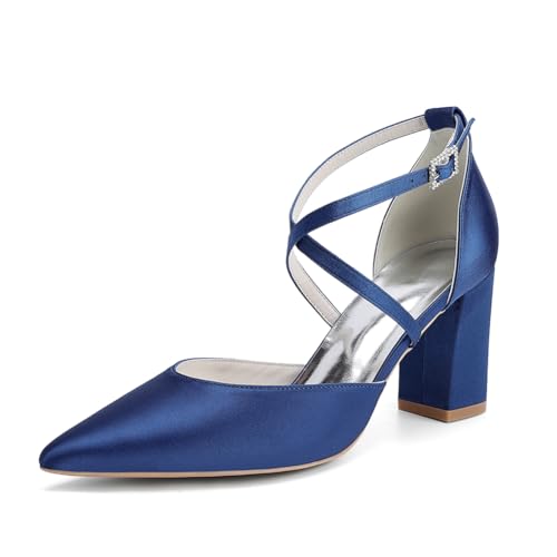 OAUSZC Damen Satin Blockabsatz Brautschuhe Riemchenpumps Spitze Zehen Party Hochzeitsschuhe 272-01X,Marine,42 EU von OAUSZC