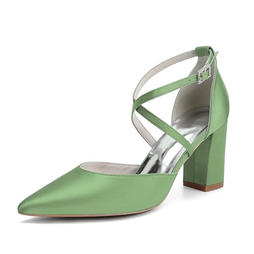 OAUSZC Damen Satin Blockabsatz Brautschuhe Riemchenpumps Spitze Zehen Party Hochzeitsschuhe 272-01X,Olive Green,39 EU von OAUSZC