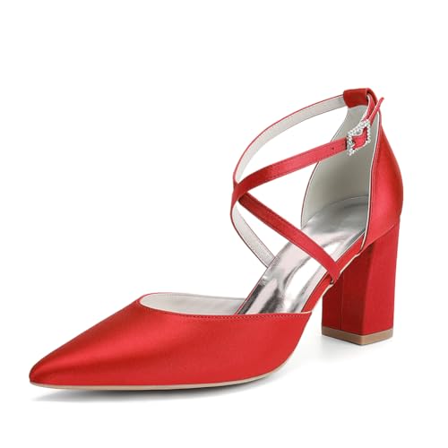 OAUSZC Damen Satin Blockabsatz Brautschuhe Riemchenpumps Spitze Zehen Party Hochzeitsschuhe 272-01X,Rot,36 EU von OAUSZC
