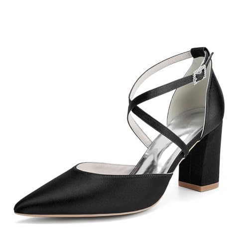 OAUSZC Damen Satin Blockabsatz Brautschuhe Riemchenpumps Spitze Zehen Party Hochzeitsschuhe 272-01X,Schwarz,43 EU von OAUSZC