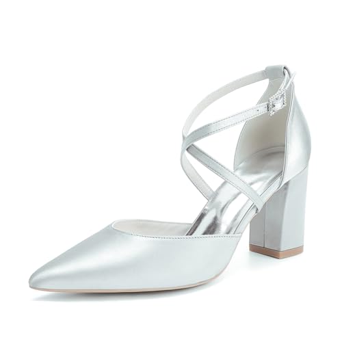 OAUSZC Damen Satin Blockabsatz Brautschuhe Riemchenpumps Spitze Zehen Party Hochzeitsschuhe 272-01X,Silber,41 EU von OAUSZC