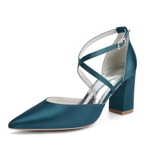 OAUSZC Damen Satin Blockabsatz Brautschuhe Riemchenpumps Spitze Zehen Party Hochzeitsschuhe 272-01X,Teal,37 EU von OAUSZC