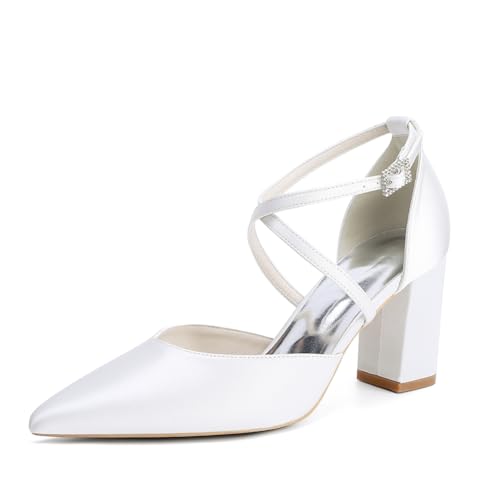 OAUSZC Damen Satin Blockabsatz Brautschuhe Riemchenpumps Spitze Zehen Party Hochzeitsschuhe 272-01X,Weiß,38 EU von OAUSZC