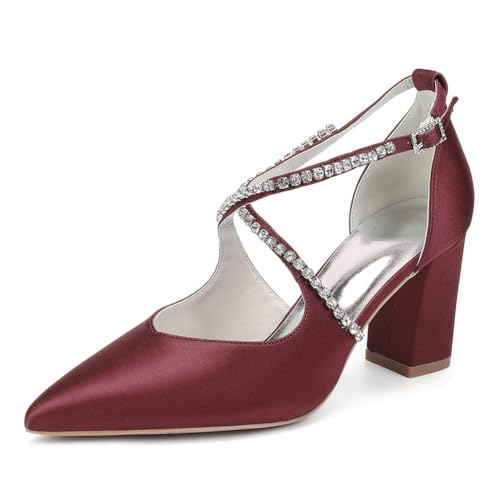OAUSZC Damen Satin Blockabsatz Hochzeitsschuhe Spitze Zehen Kreuzriemen Pumps Strass Brautschuhe 272-05,Burgundy,43 EU von OAUSZC